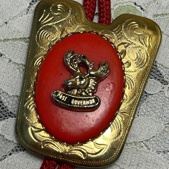 Vintage Moose Head Emblem Bolo Red Gold Past Governor - Picture 3 of 6